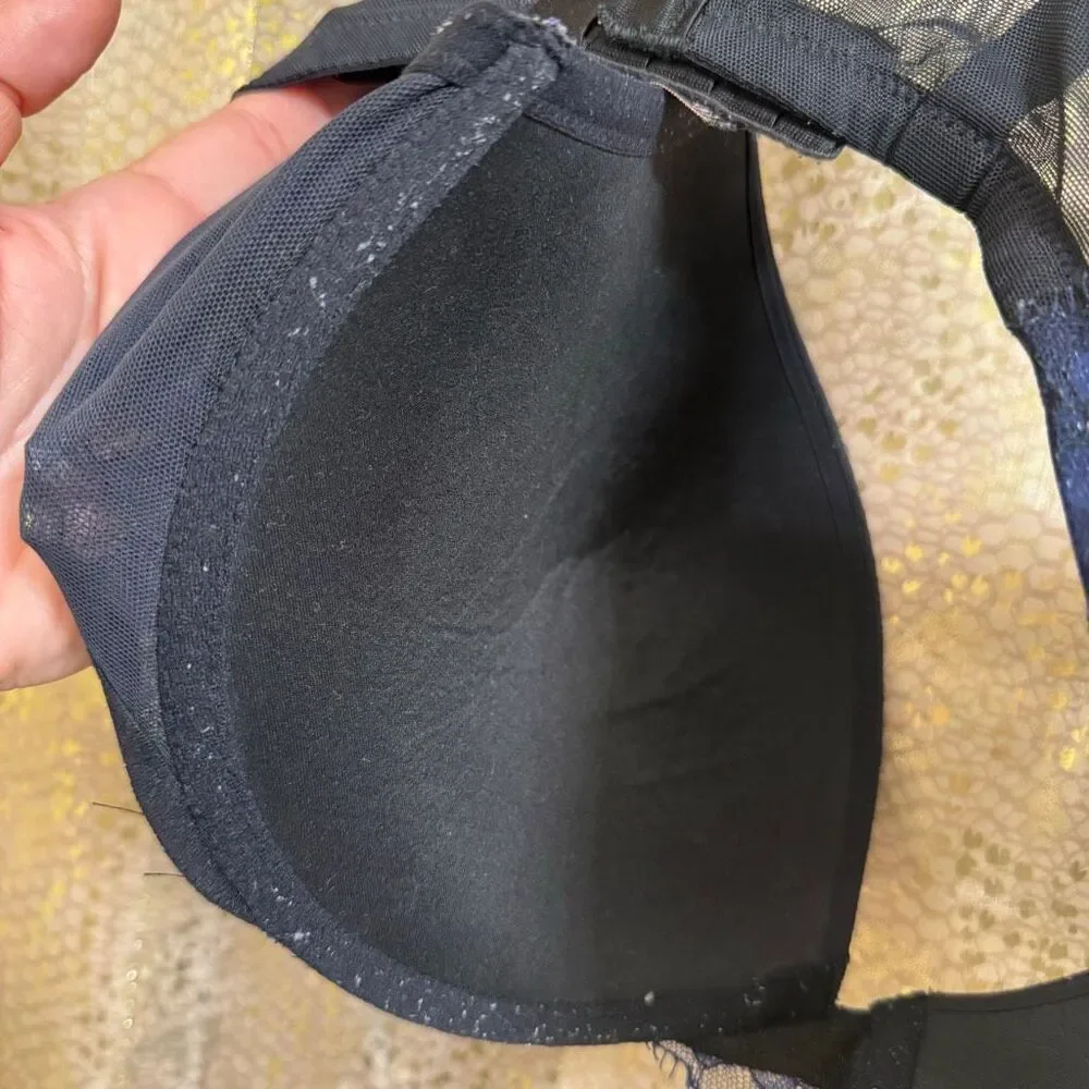 Victorias Secret Very Sexy Pushup Navy Blue Black Lace Rhinestone Bra 38DD